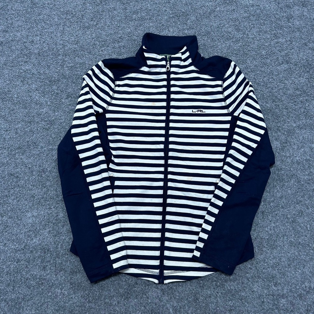 Lauren Active,Jacket,Womens,Size M Navy Blue White Striped Full Zip Neck Slim
